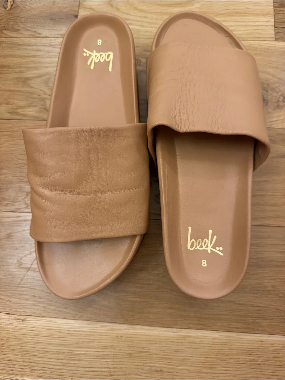 beek Tan Leather Slide Sandals for Women